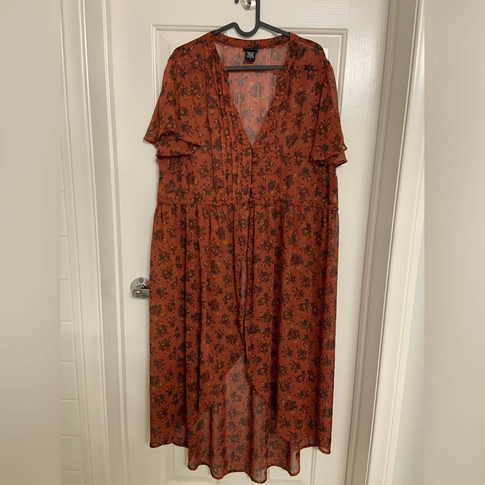 Torrid High Low Tunic Dress Terracotta Rust Sheer Floral Buttons Open Front 2X